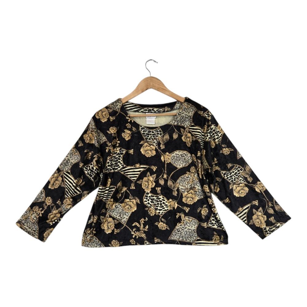 Secret Treasures Velvet Baroque Animal Print Top L 90s Glam